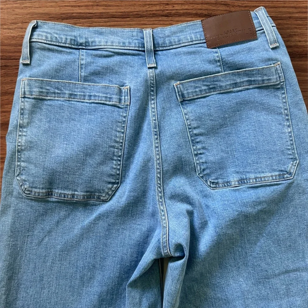 J.Crew Mercantile Size 31 Wide Leg Cropped Jeans Light Blue Denim Pockets Flaw